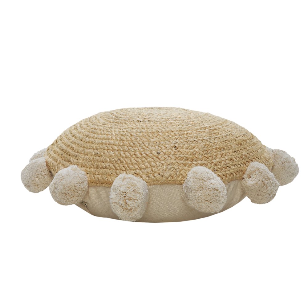 Round Natural Jute Throw Pillow with Pom Pom Border. Picture 4