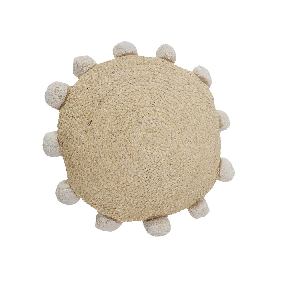 Round Natural Jute Throw Pillow with Pom Pom Border. Picture 5