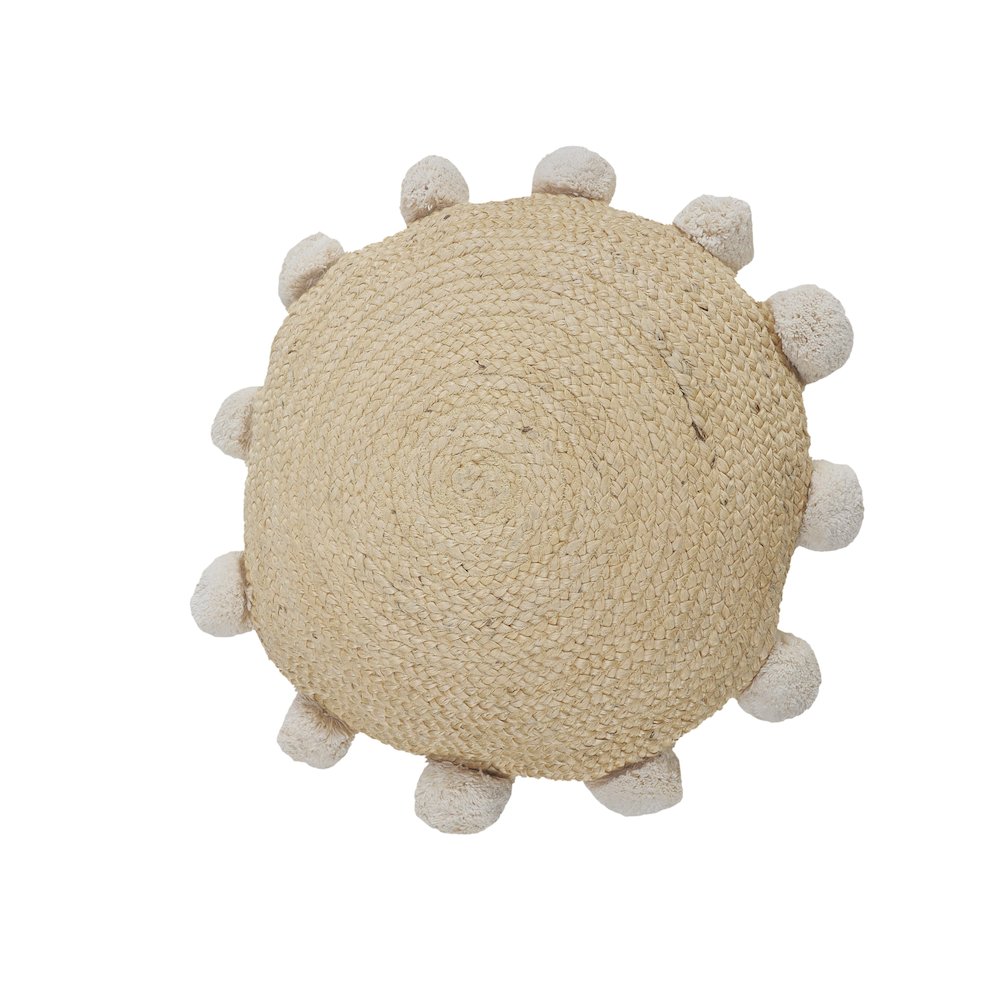 Round Natural Jute Throw Pillow with Pom Pom Border. Picture 6