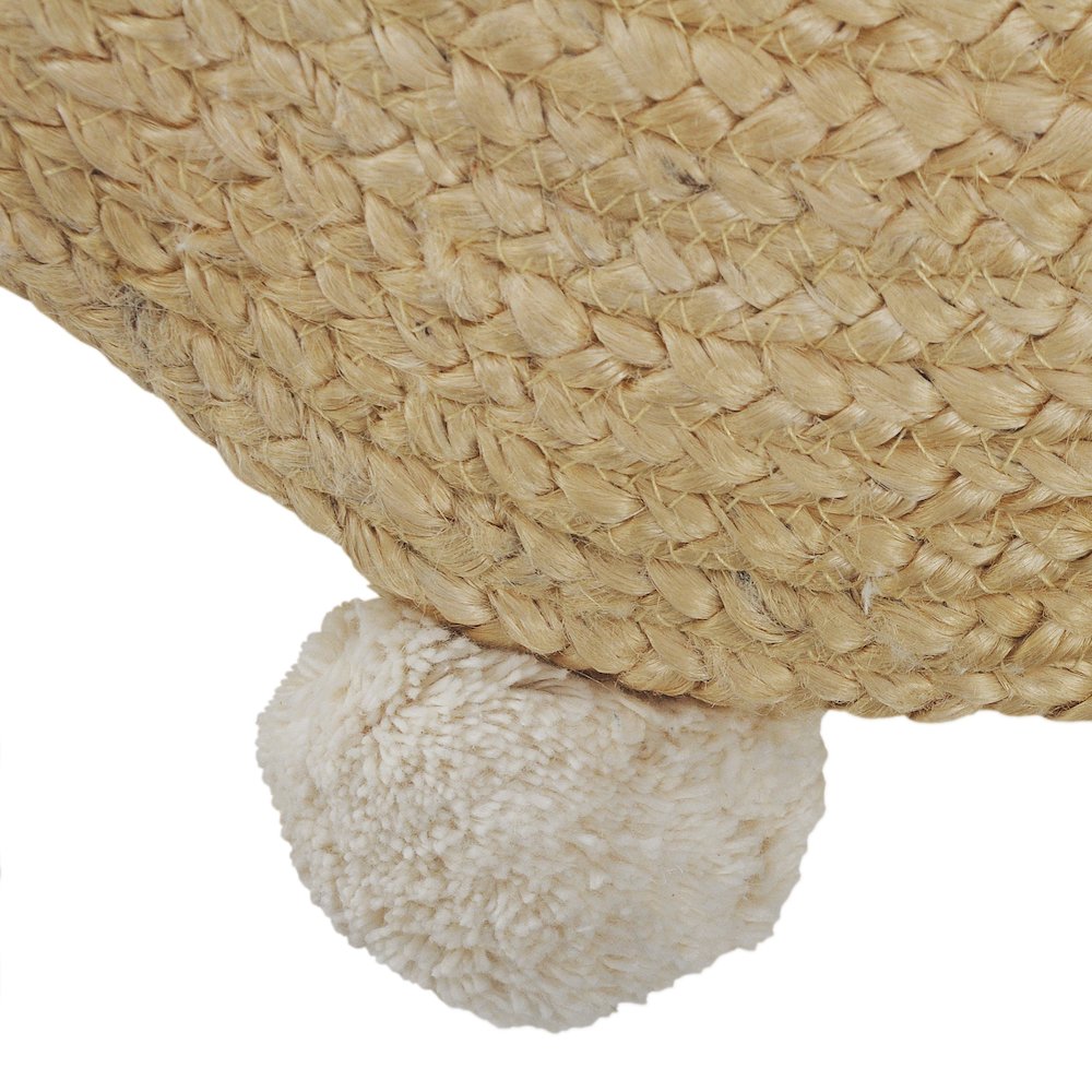 Round Natural Jute Throw Pillow with Pom Pom Border. Picture 7