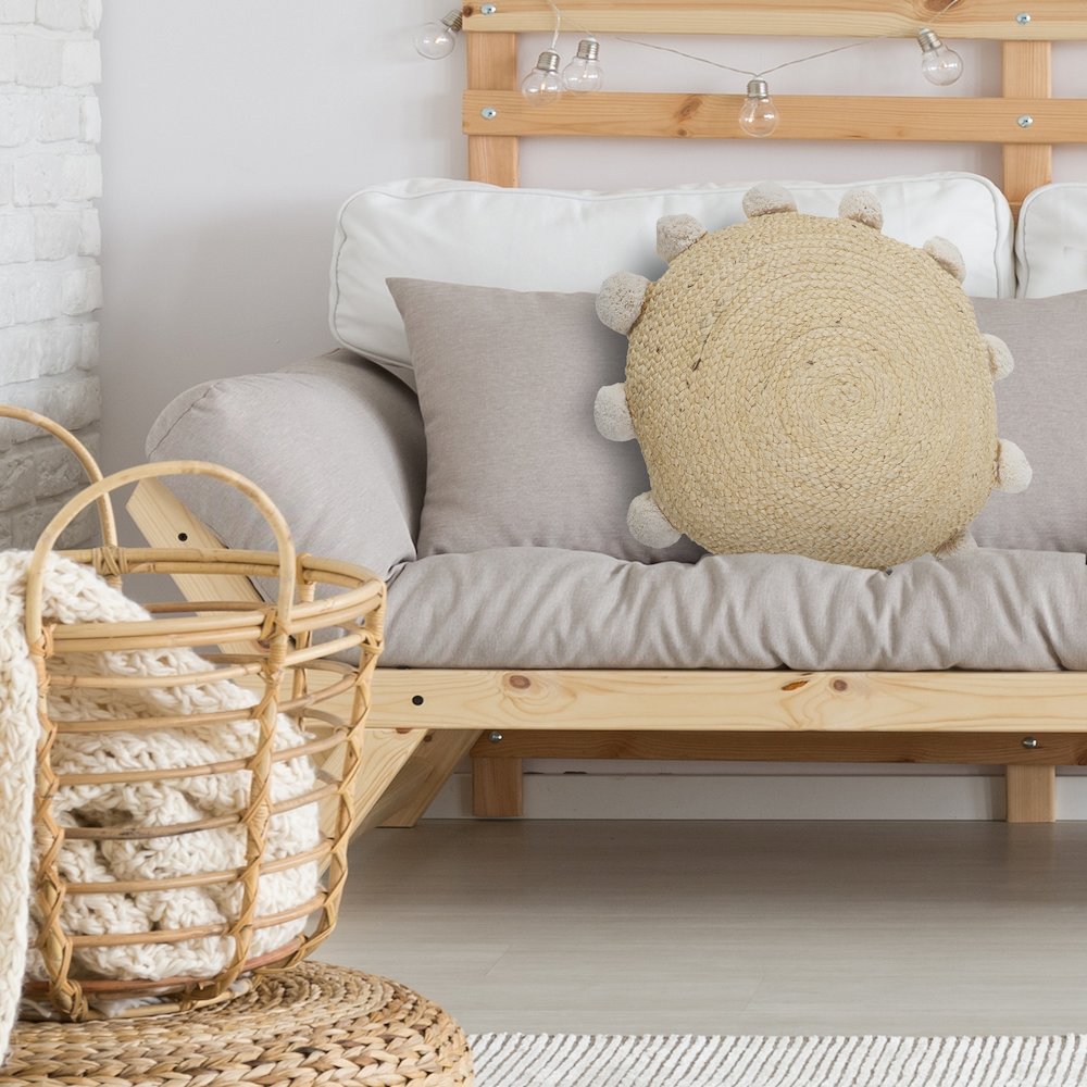 Round Natural Jute Throw Pillow with Pom Pom Border. Picture 9