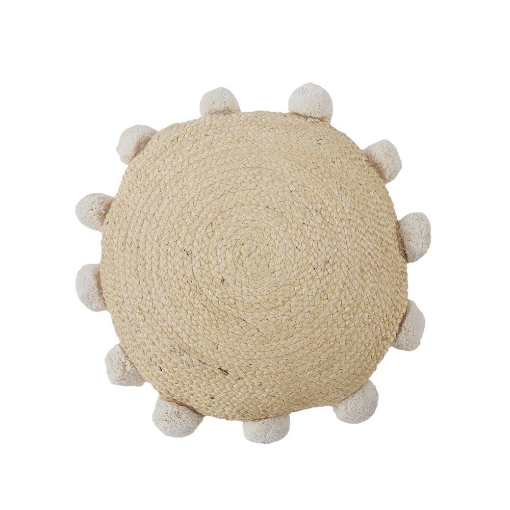 Round Natural Jute Throw Pillow with Pom Pom Border. Picture 1