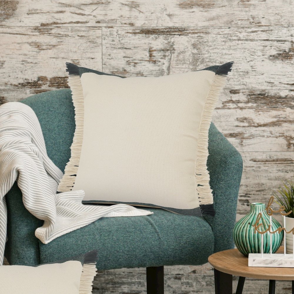 Juniper Green Striped Throw Pillow with Fringe. Picture 9