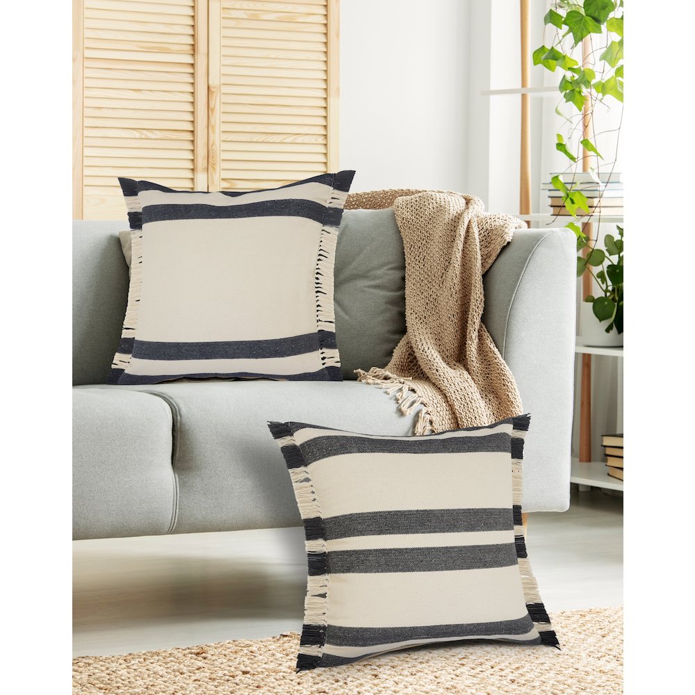 Gray Double Striped Throw Pillow with Fringe. Picture 9