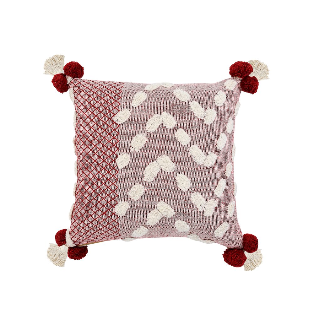 Heute Red Zeal Pom Throw Pillow. Picture 1