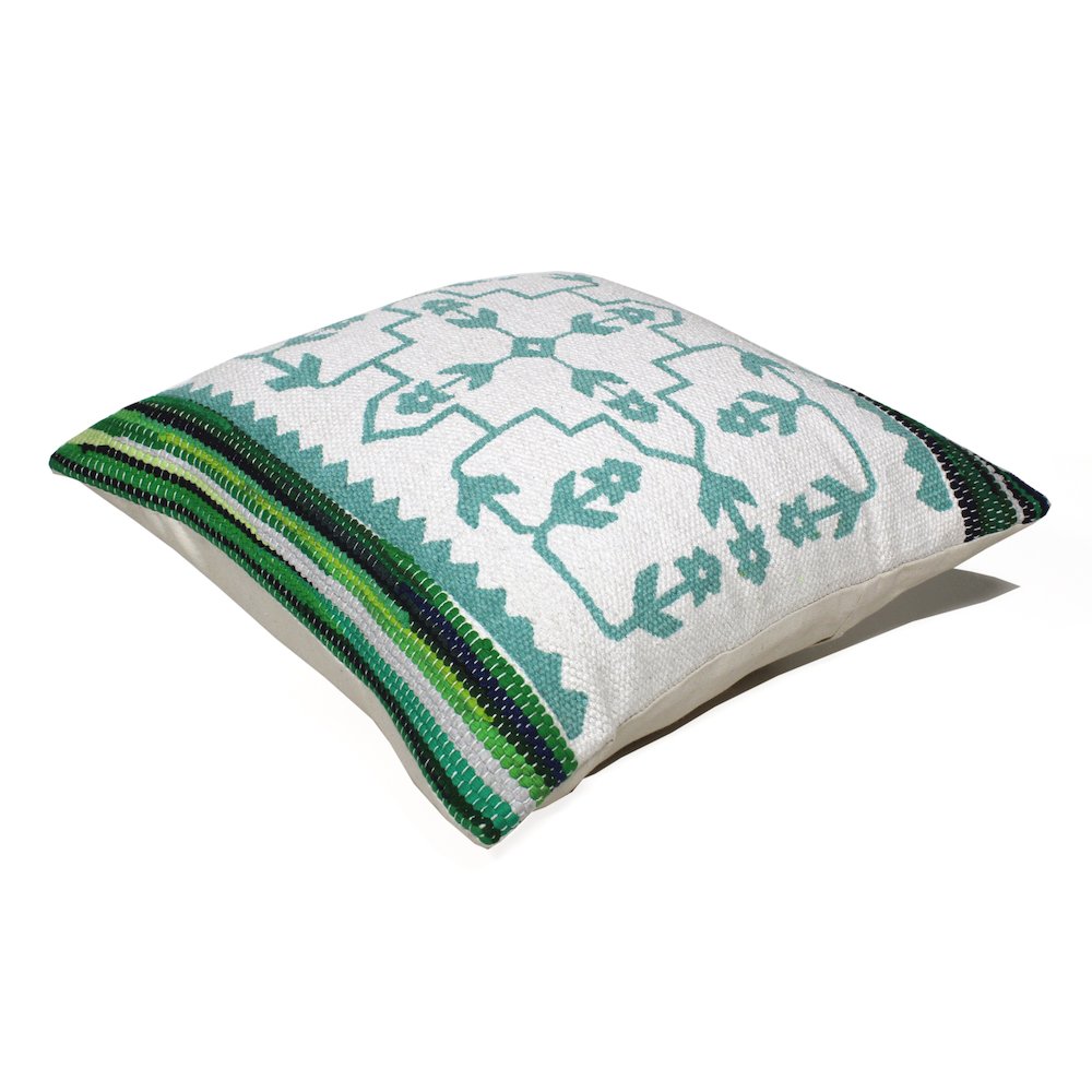 Boho Bordered Budding Floral Mosaic Textile Throw Pillow. Picture 6