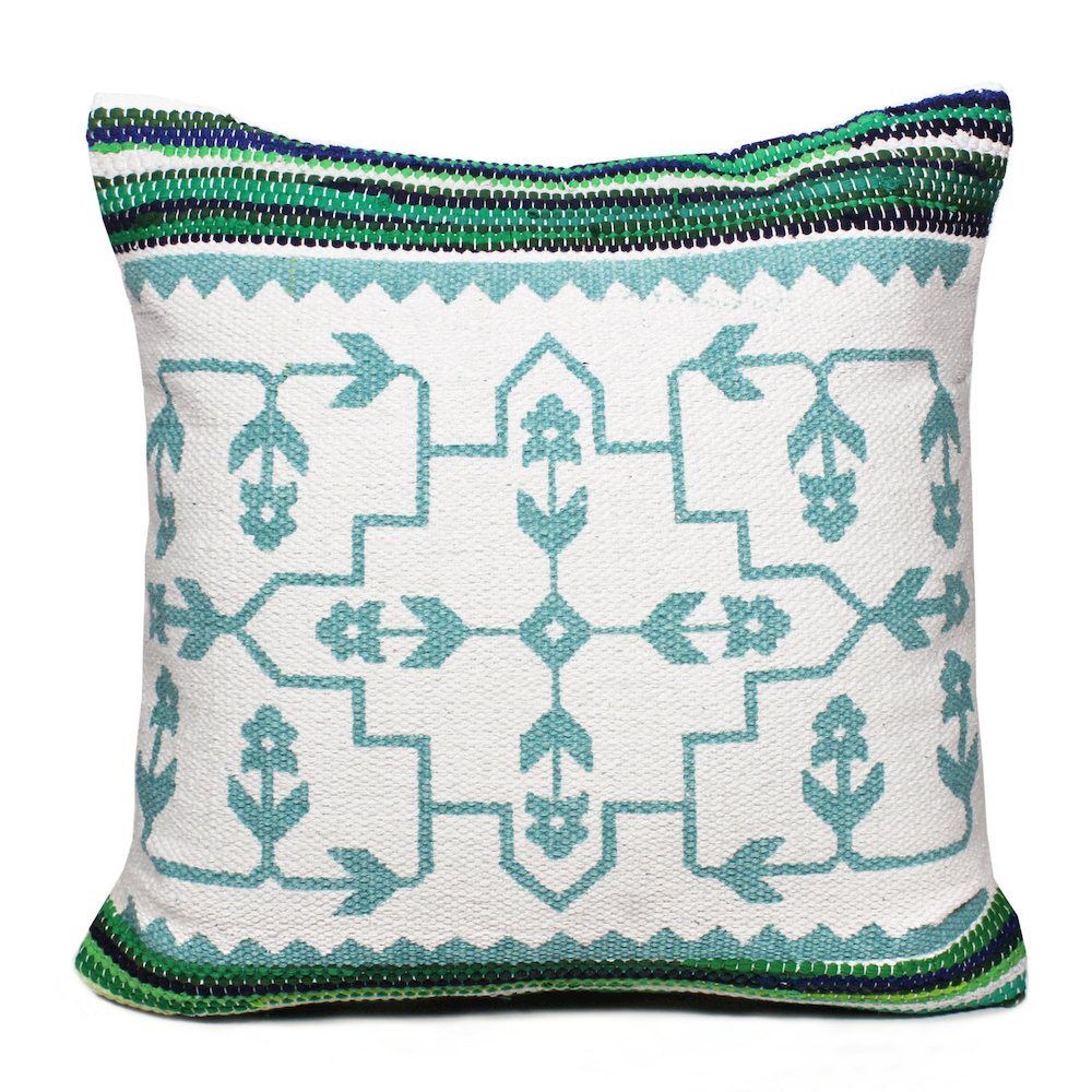 Boho Bordered Budding Floral Mosaic Textile Throw Pillow. Picture 1