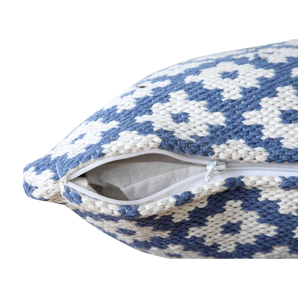Evette Rios Modern Motif Woven Geometric Checker Cotton Blend Throw Pillow, Blue. Picture 3