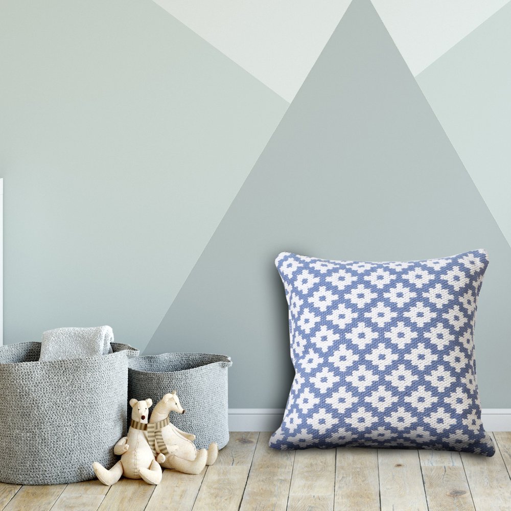 Evette Rios Modern Motif Woven Geometric Checker Cotton Blend Throw Pillow, Blue. Picture 9