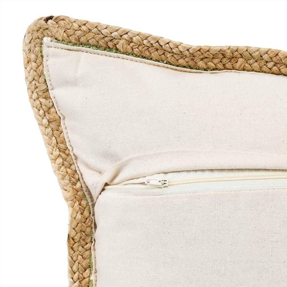 Sweet Pea Green and White Striped Jute Bordered Throw Pillow. Picture 3