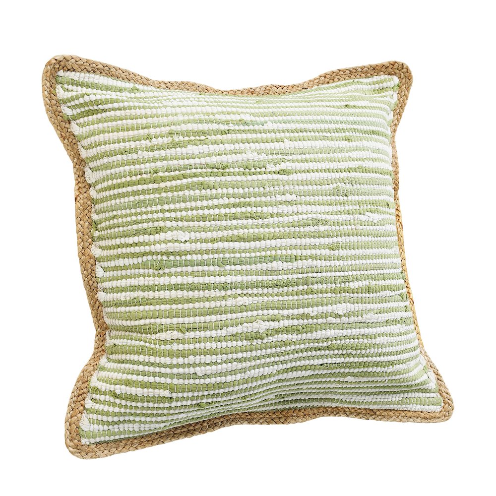 Sweet Pea Green and White Striped Jute Bordered Throw Pillow. Picture 4