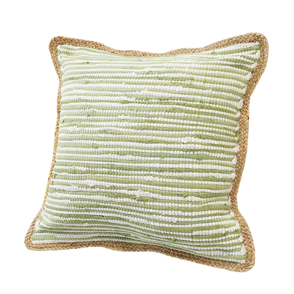 Sweet Pea Green and White Striped Jute Bordered Throw Pillow. Picture 5