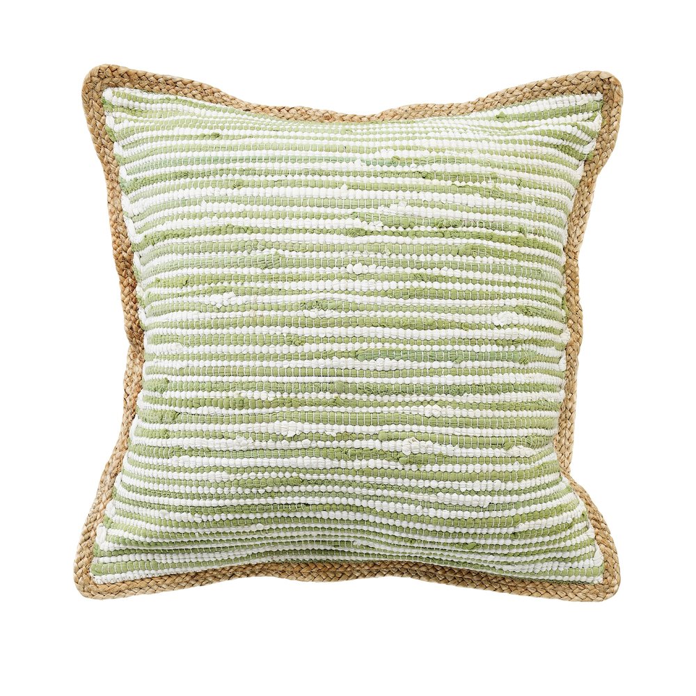 Sweet Pea Green and White Striped Jute Bordered Throw Pillow. Picture 1