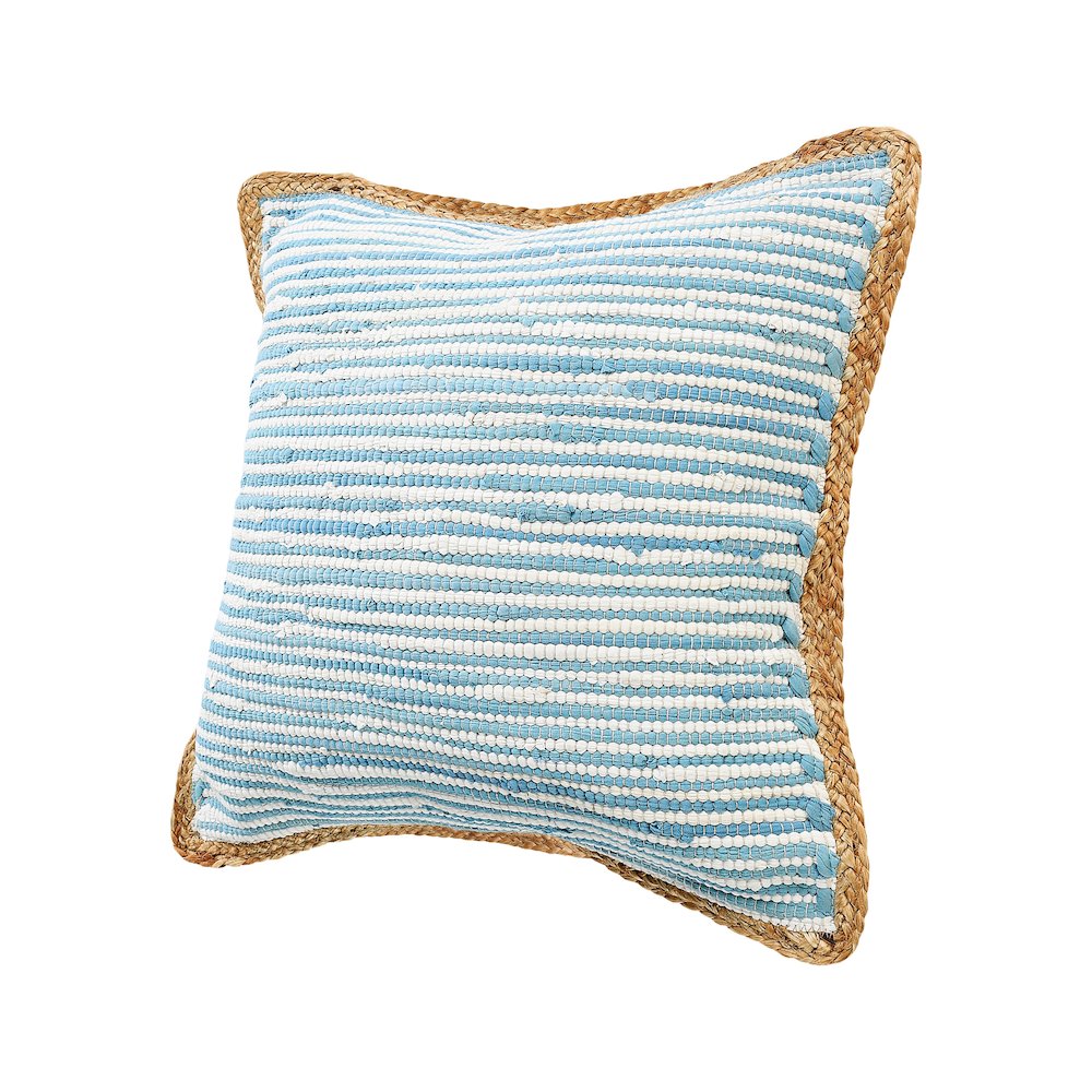 Bright Blue and White Striped Jute Bordered Throw Pillow. Picture 5