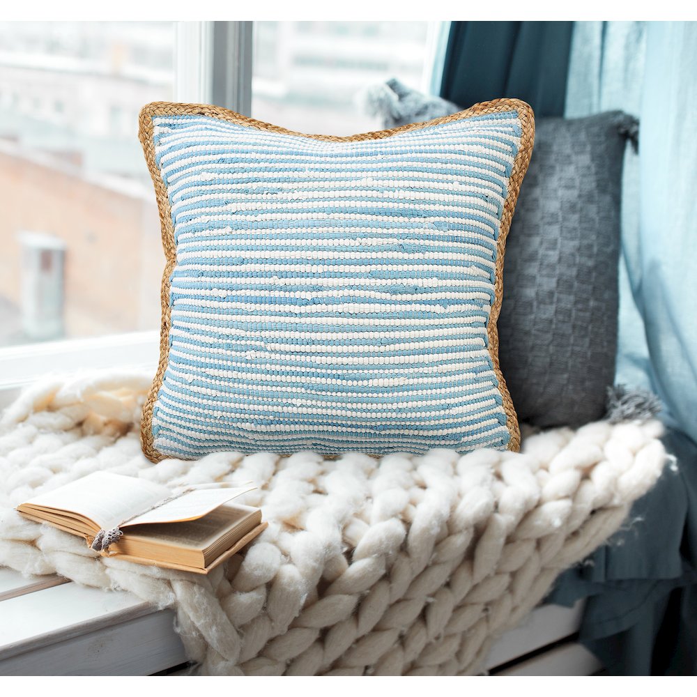 Bright Blue and White Striped Jute Bordered Throw Pillow. Picture 9