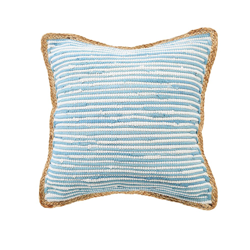 Bright Blue and White Striped Jute Bordered Throw Pillow. Picture 1
