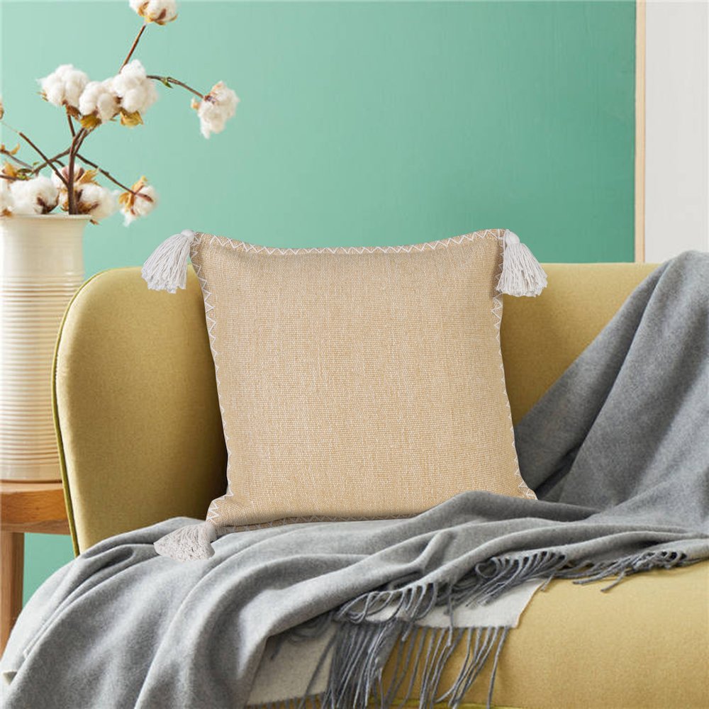 Solid Stonewash Boho Farmhouse Embroidered Edge Throw Pillow with Tassels. Picture 9