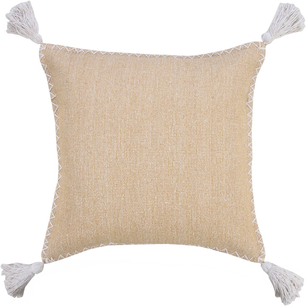 Solid Stonewash Boho Farmhouse Embroidered Edge Throw Pillow with Tassels. Picture 1