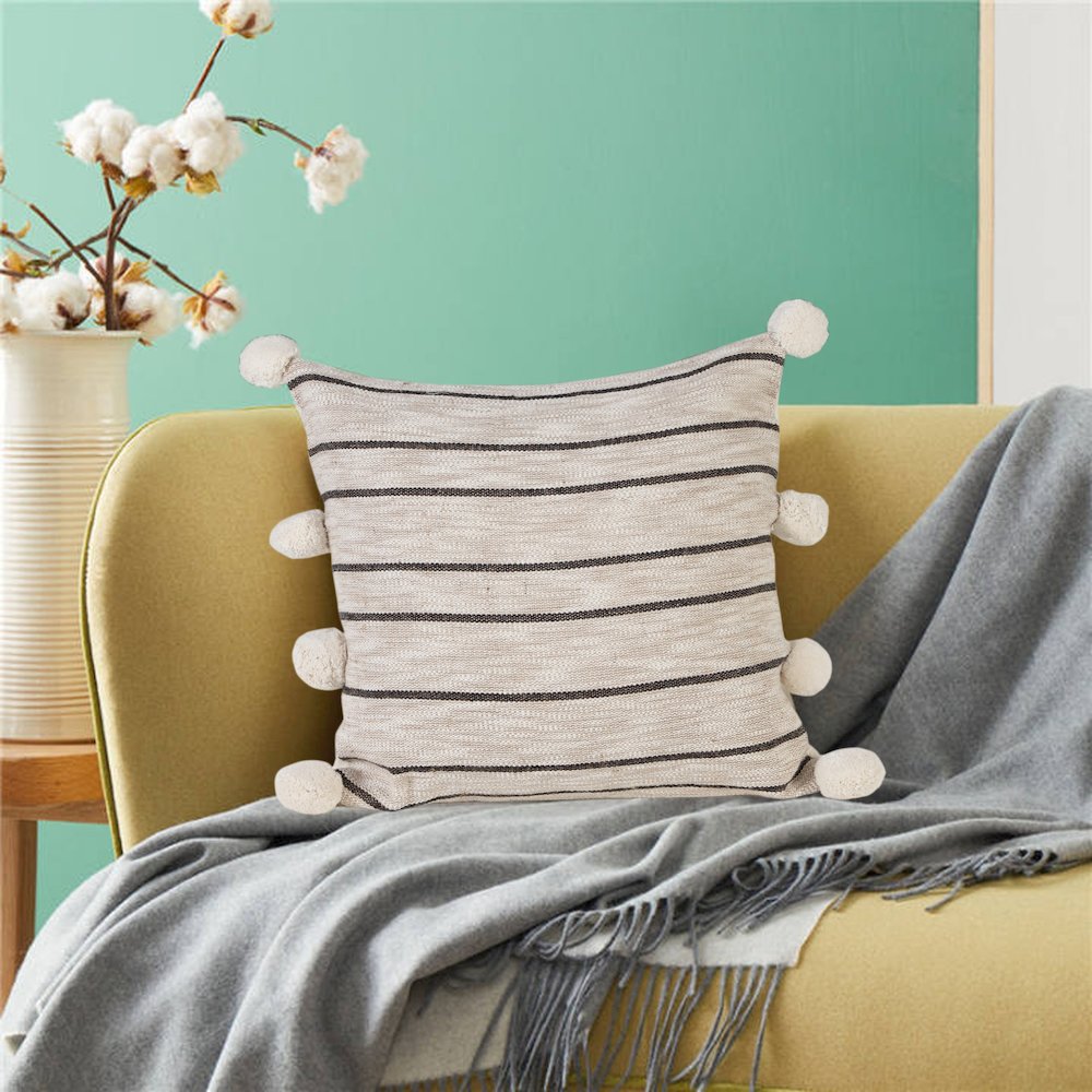 Modern Farmhouse Striped Throw Pillow with Pom Poms. Picture 10