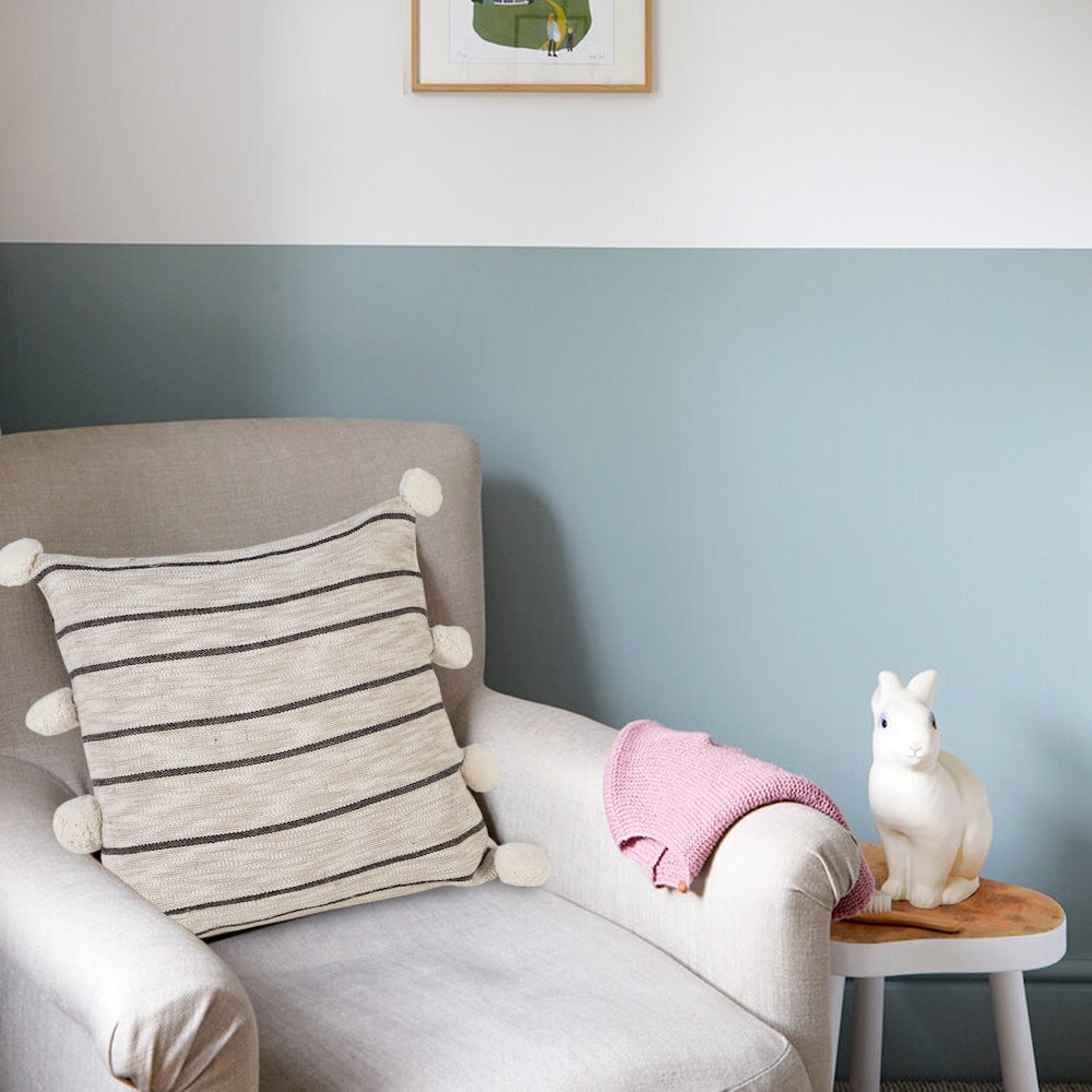 Modern Farmhouse Striped Throw Pillow with Pom Poms. Picture 9