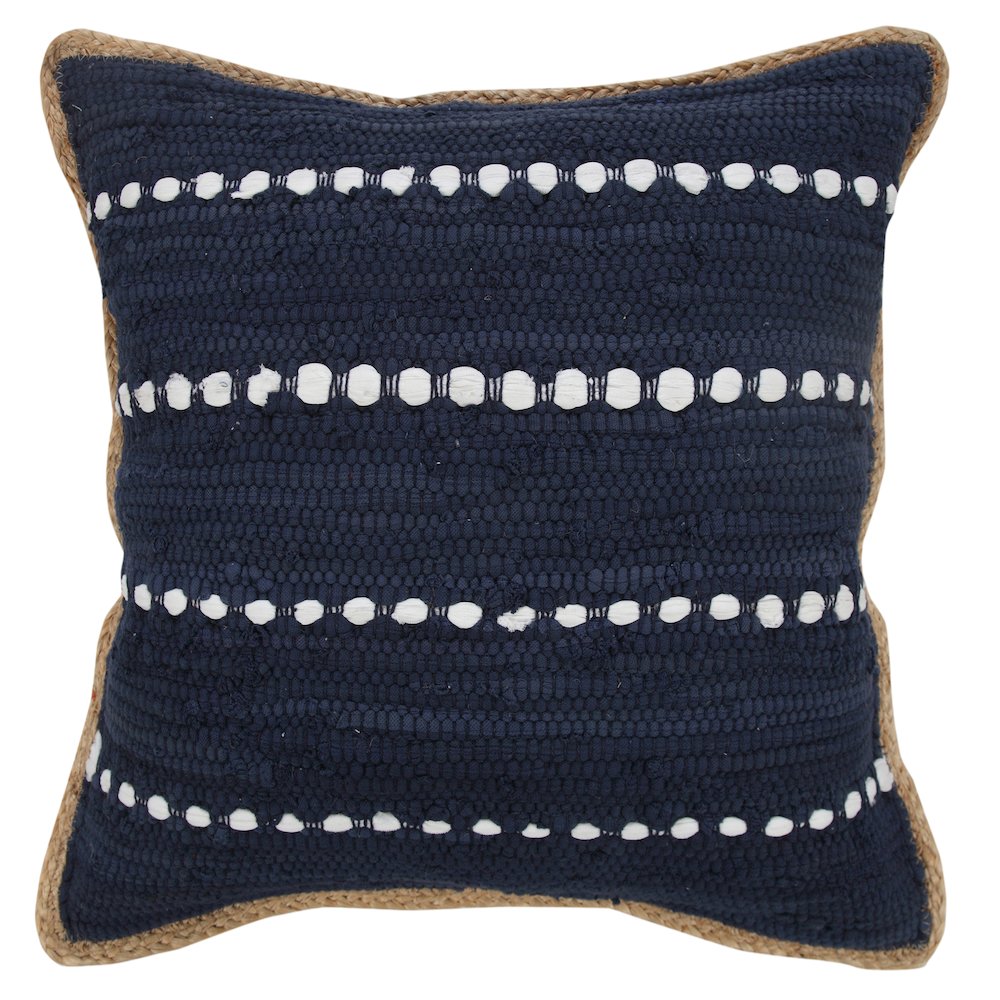 Navy Blue and White Striped Jute Bordered Throw Pillow. Picture 1