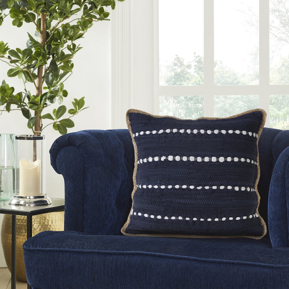 Navy Blue and White Striped Jute Bordered Throw Pillow. Picture 2