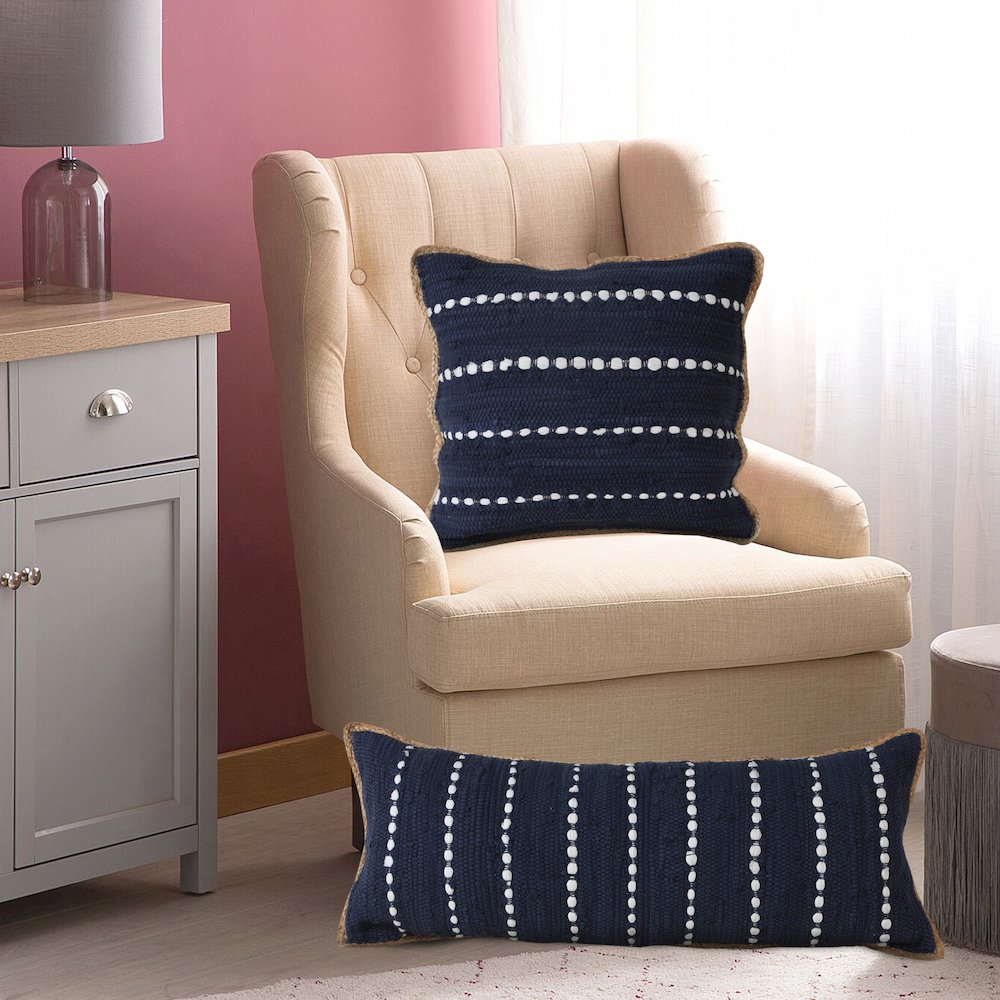 Navy Blue and White Striped Jute Bordered Throw Pillow. Picture 6