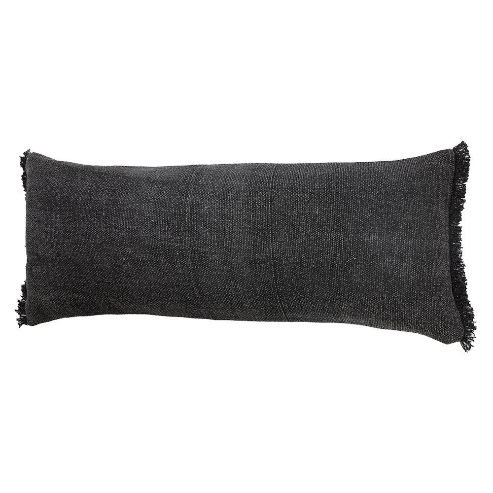Muted Black Solid Stonewash Lumbar Throw Pillow with Fringe. Picture 5