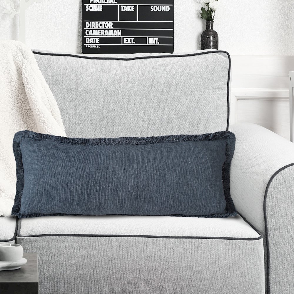 Unique Neutral Solid Cotton Lumbar Throw Pillow with Fringe. Picture 9