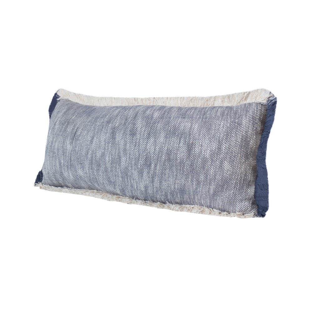 Unique Neutral Two-Tone Cotton Lumbar Throw Pillow with Fringe. Picture 5