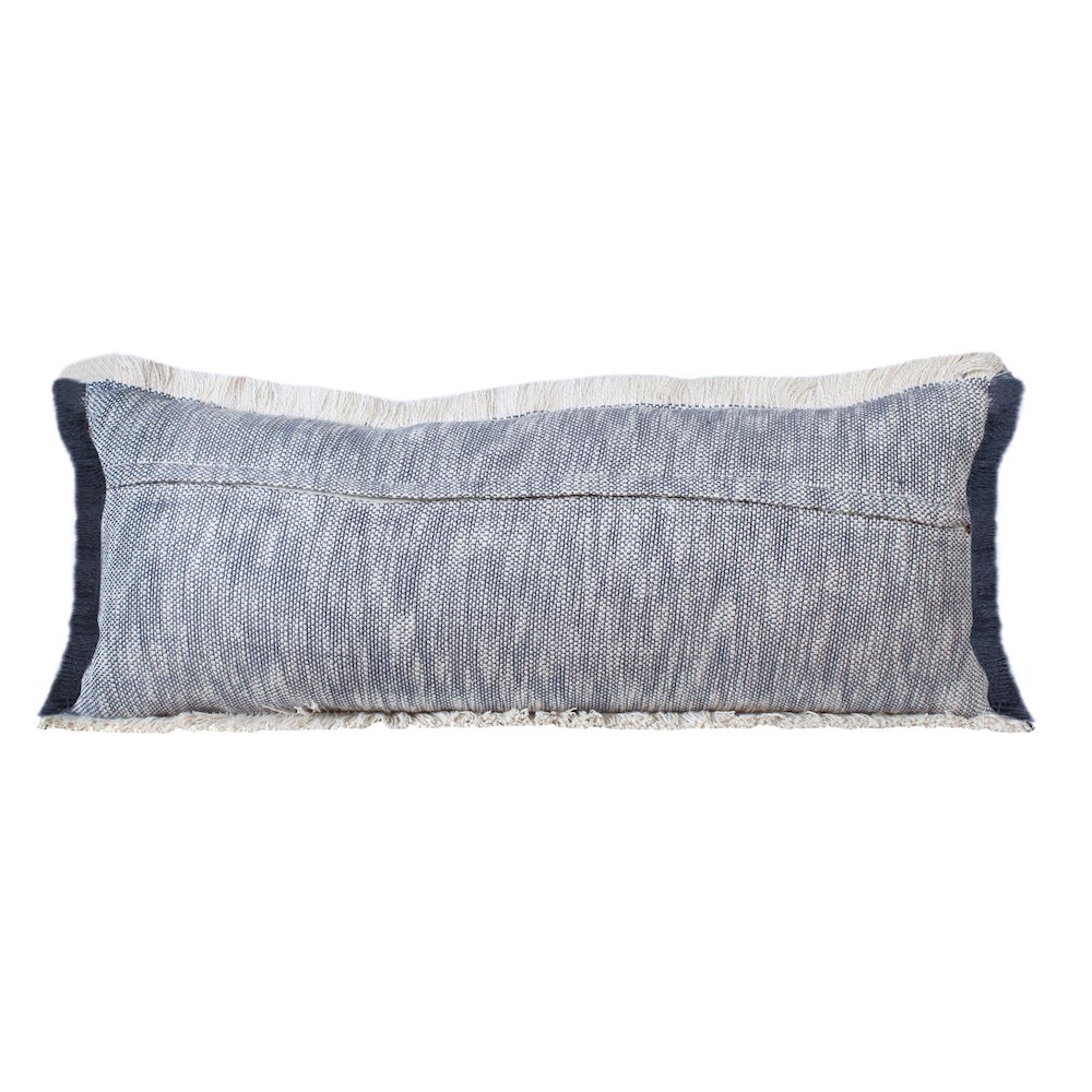 Unique Neutral Two-Tone Cotton Lumbar Throw Pillow with Fringe. Picture 7