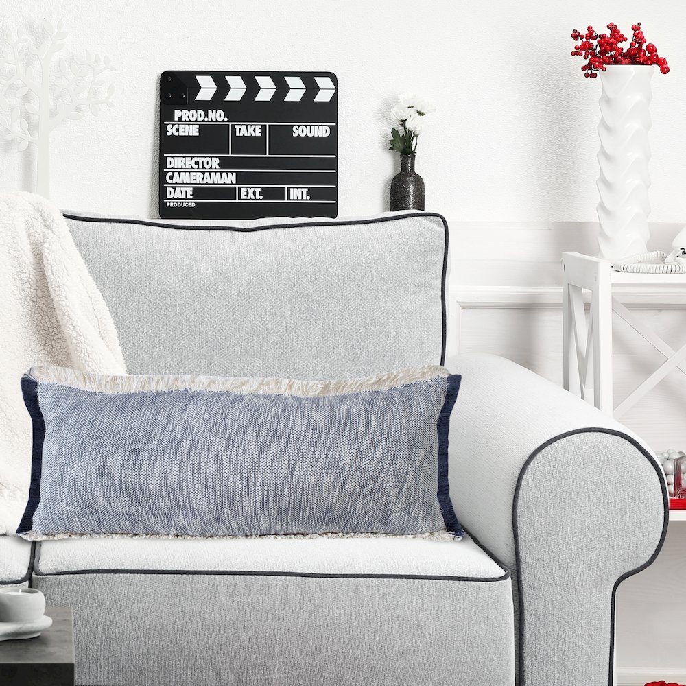 Unique Neutral Two-Tone Cotton Lumbar Throw Pillow with Fringe. Picture 9