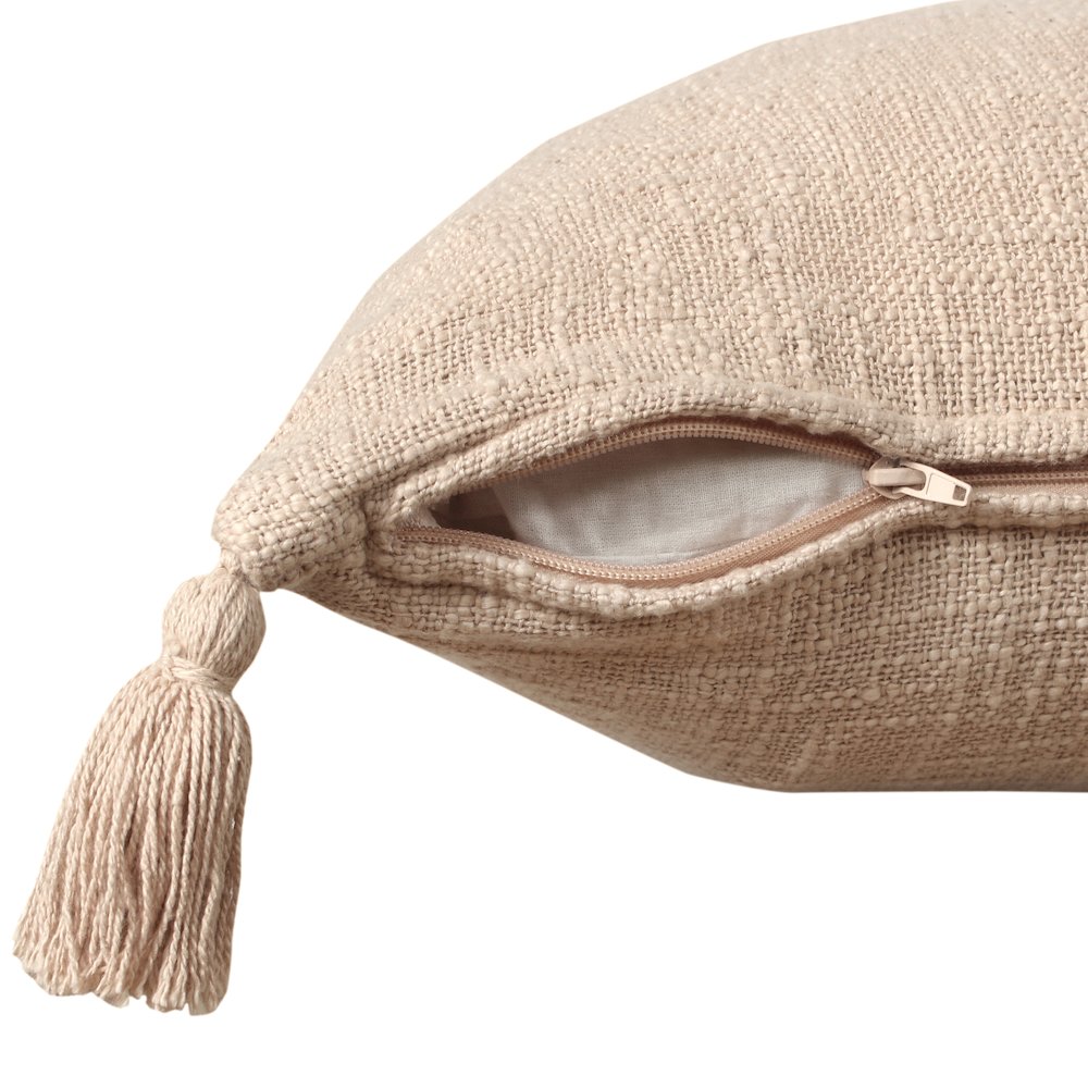 Unique Neutral Solid Cotton Lumbar Throw Pillow with Tassels. Picture 3