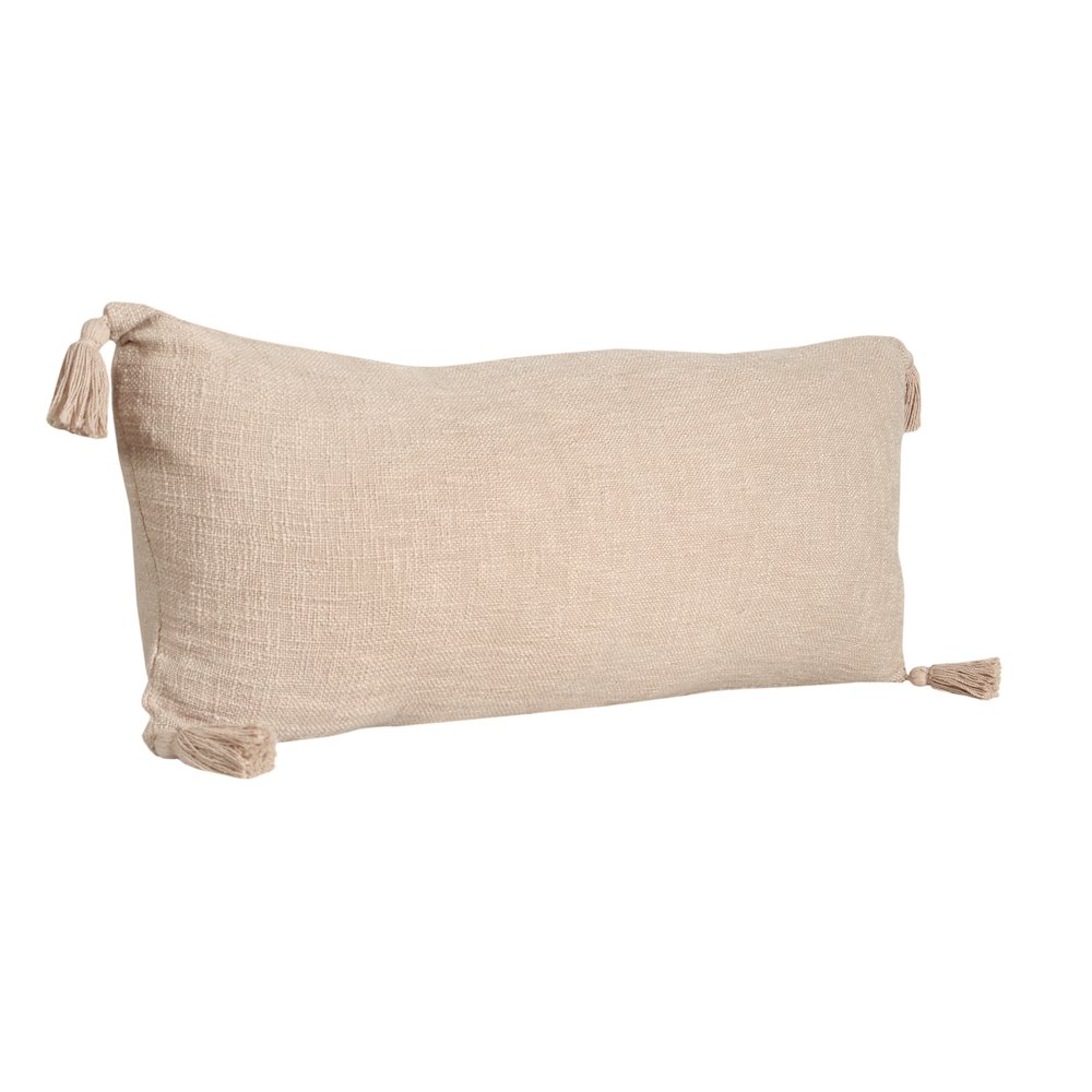 Unique Neutral Solid Cotton Lumbar Throw Pillow with Tassels. Picture 4