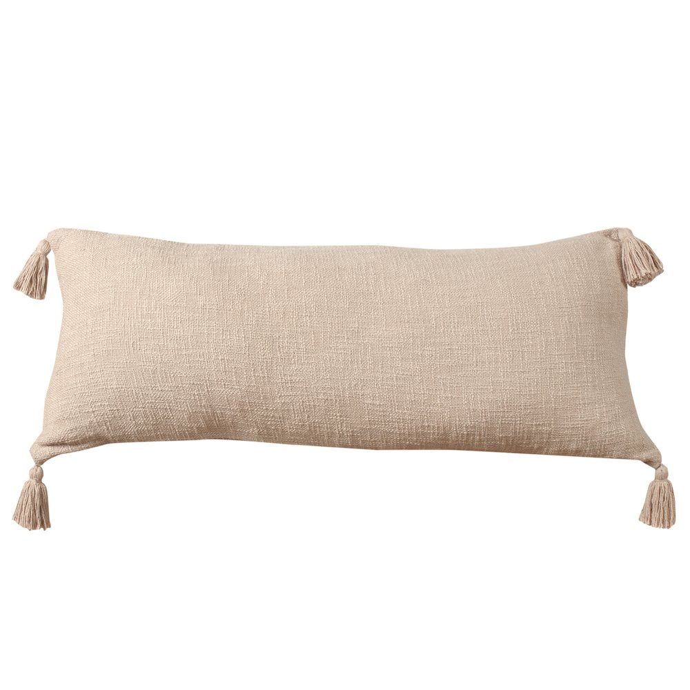 Unique Neutral Solid Cotton Lumbar Throw Pillow with Tassels. Picture 7