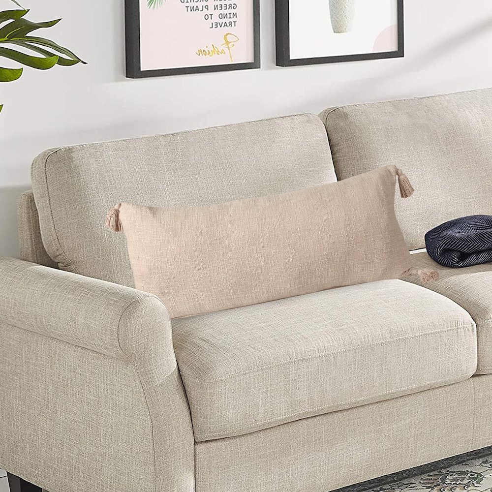 Unique Neutral Solid Cotton Lumbar Throw Pillow with Tassels. Picture 9
