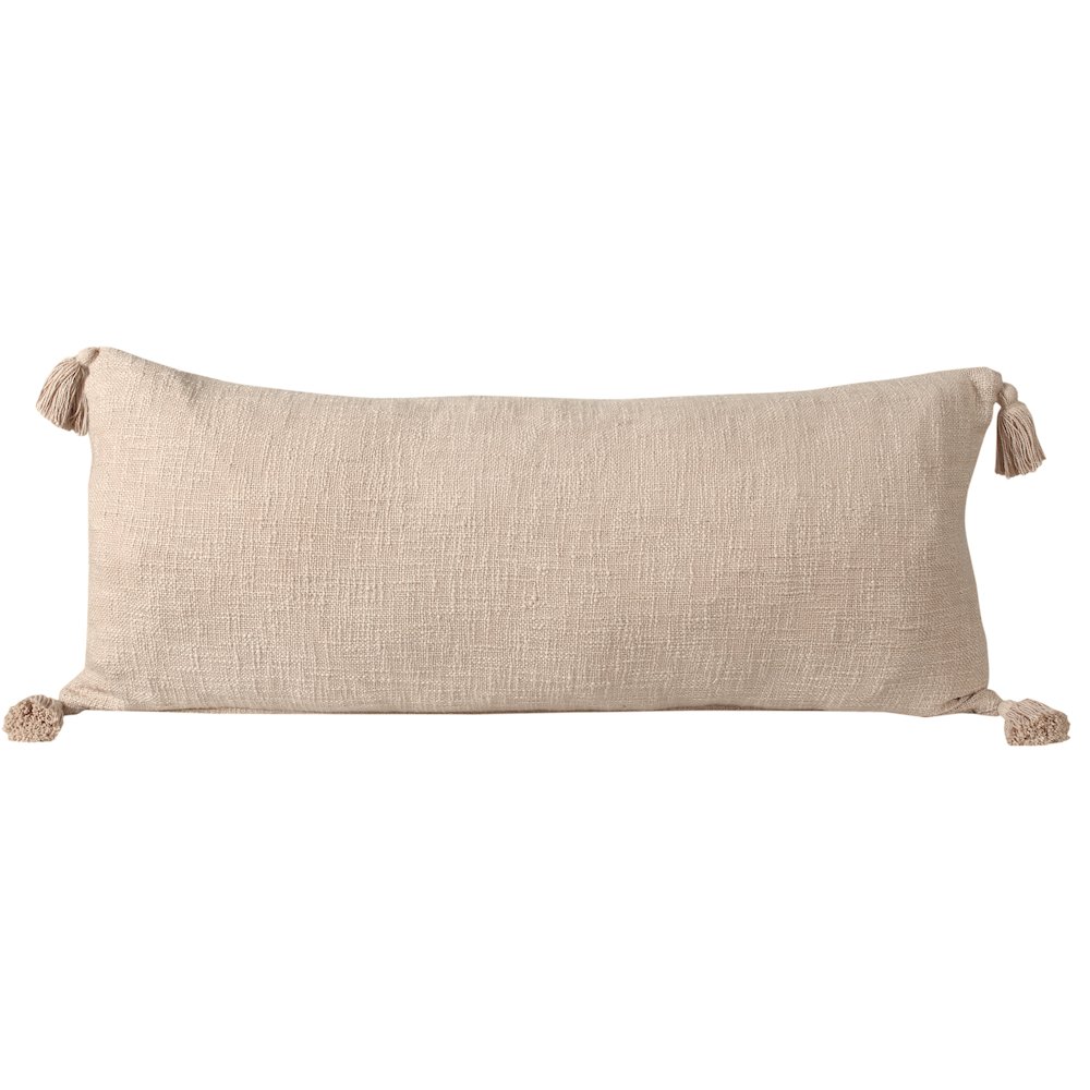Unique Neutral Solid Cotton Lumbar Throw Pillow with Tassels. Picture 1