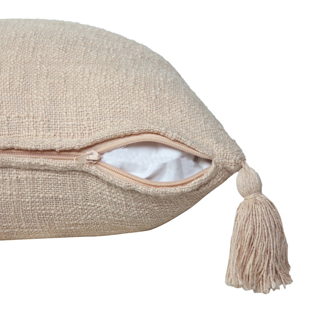 Unique Neutral Solid Cotton Throw Pillow with Tassels. Picture 3