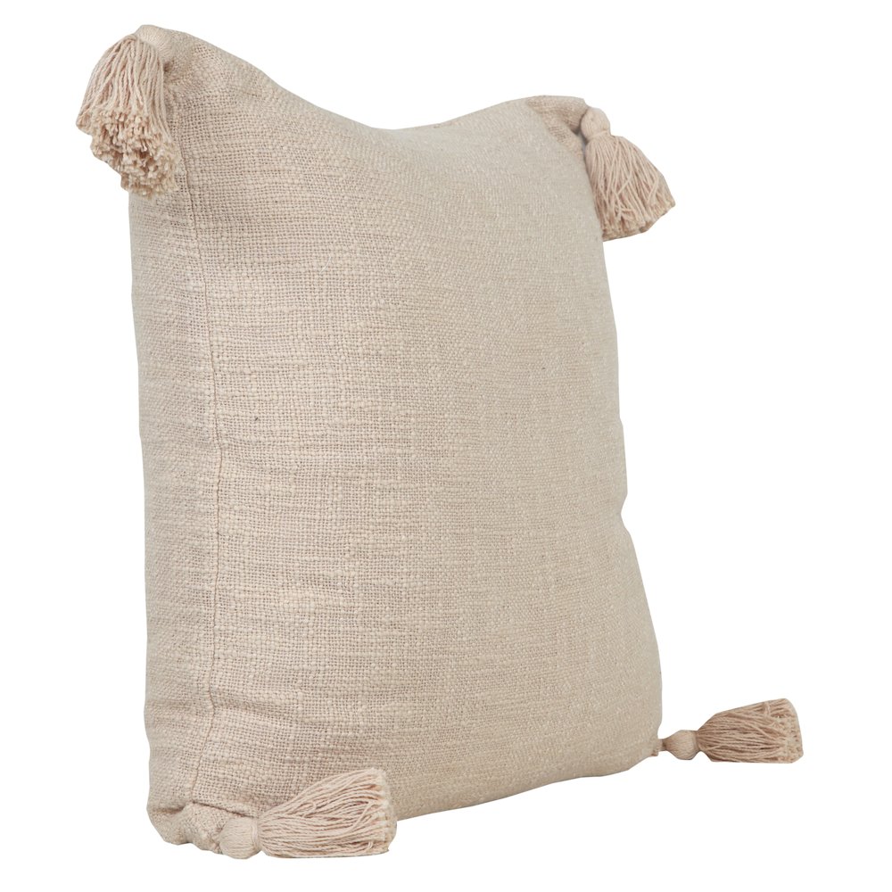 Unique Neutral Solid Cotton Throw Pillow with Tassels. Picture 4