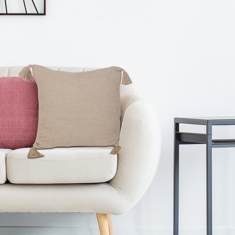 Unique Neutral Solid Cotton Throw Pillow with Tassels. Picture 9