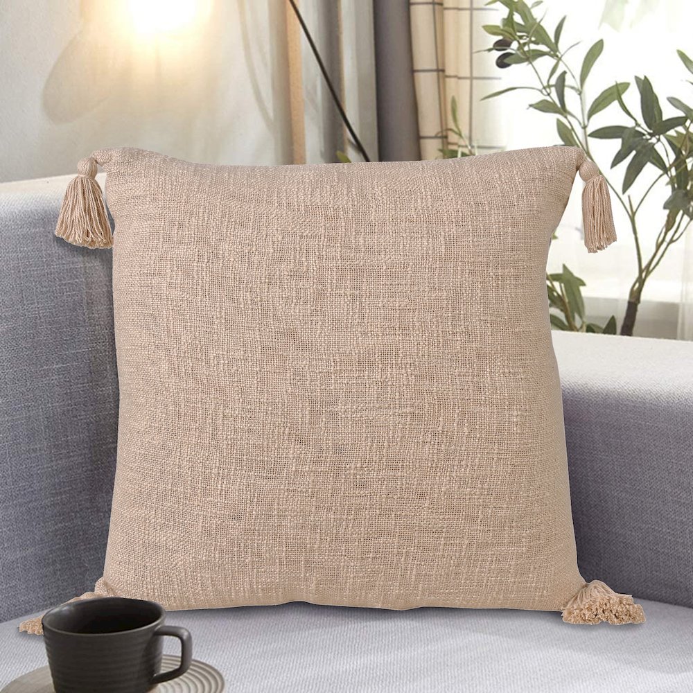 Unique Neutral Solid Cotton Throw Pillow with Tassels. Picture 10