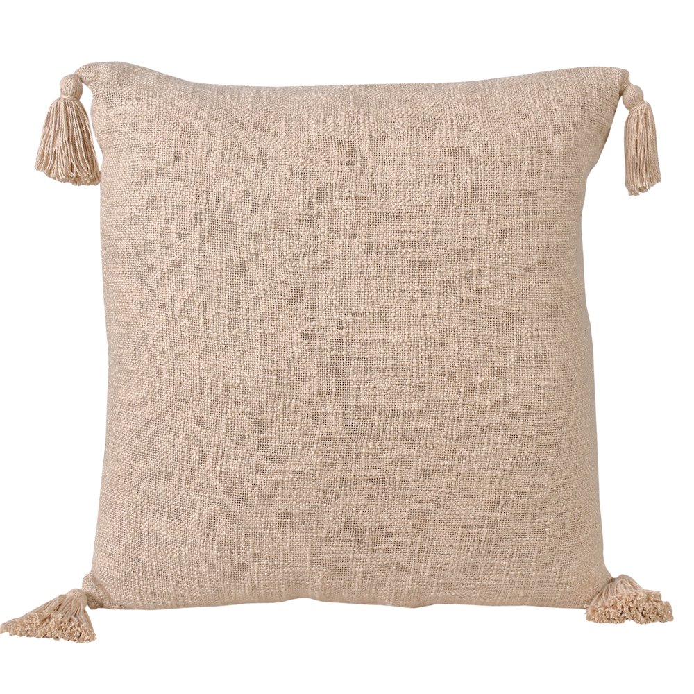 Unique Neutral Solid Cotton Throw Pillow with Tassels. Picture 1