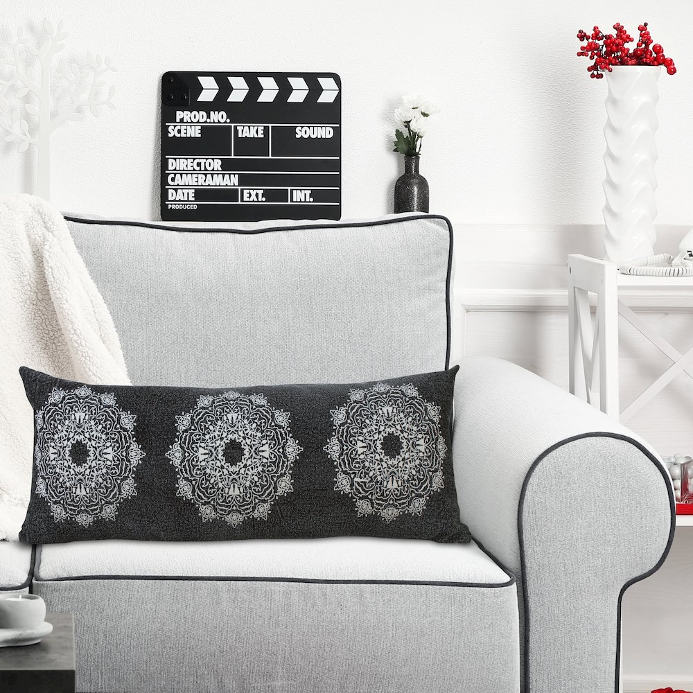 Mandala Cotton Poly Filled Pillow in Black/White, 14" x 36". Picture 10