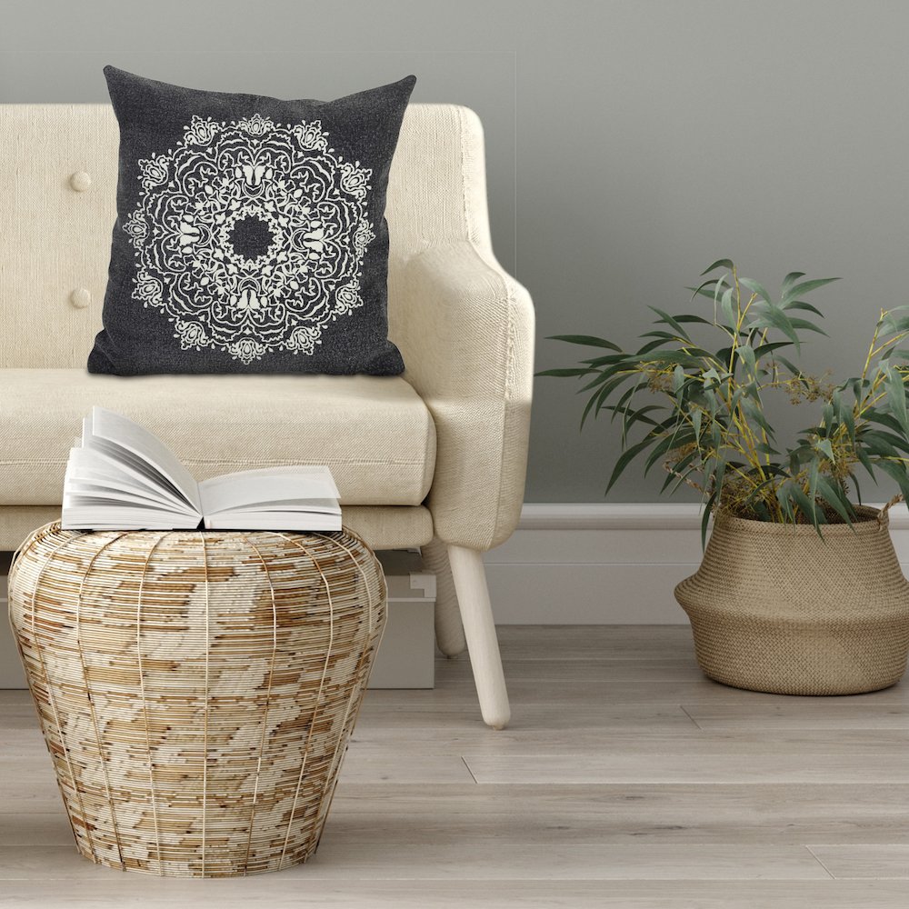 Mandala Cotton Poly Filled Pillow in Black/White, 20" x 20". Picture 9