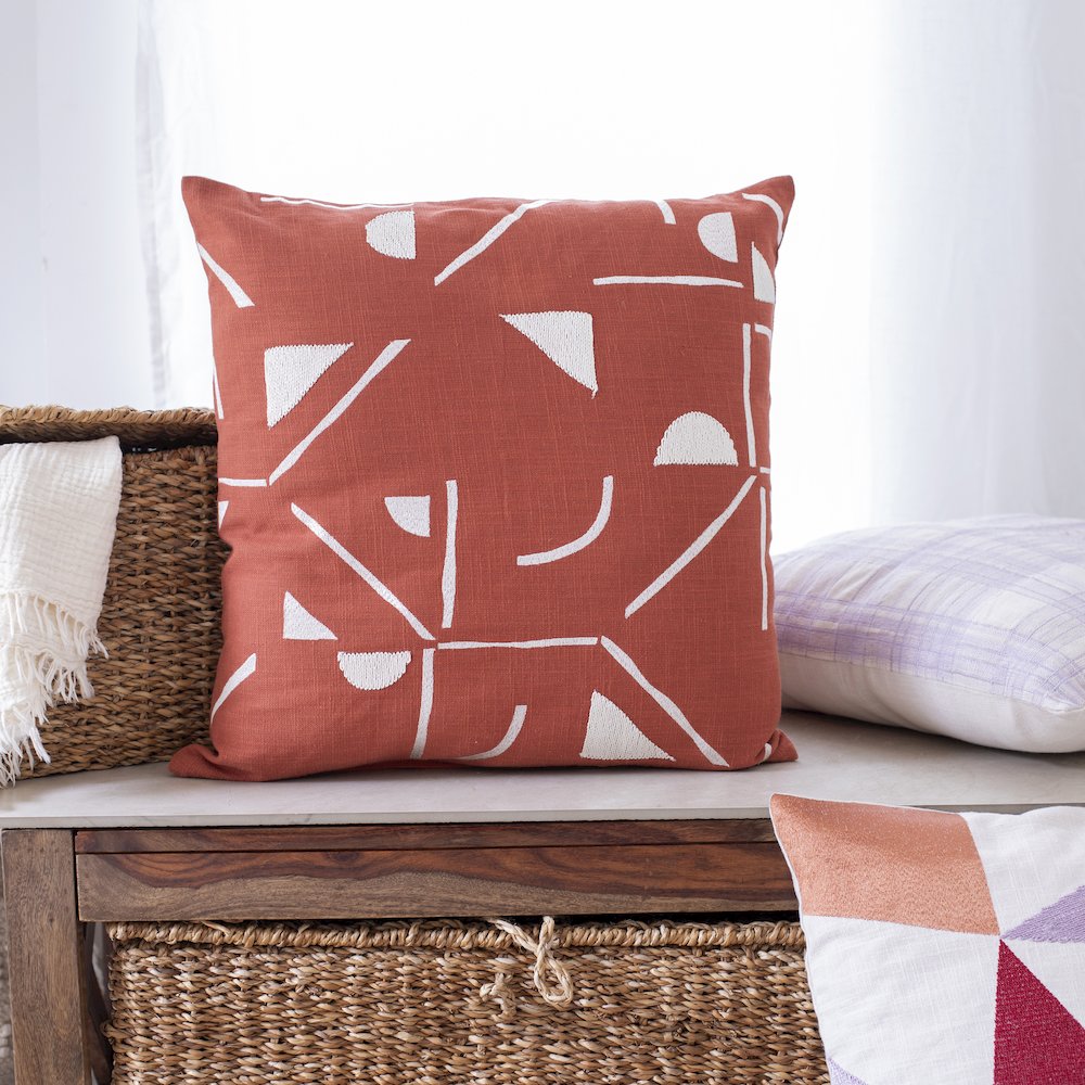 Orange/Ivory Contemporary Geometric Hand-Woven Throw Pillow Cover. Picture 2