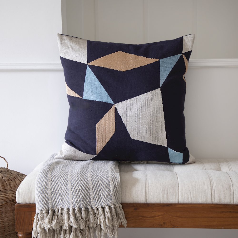 Denim Blue/Beige Contemporary Geometric Hand-Woven Throw Pillow Cover. Picture 2