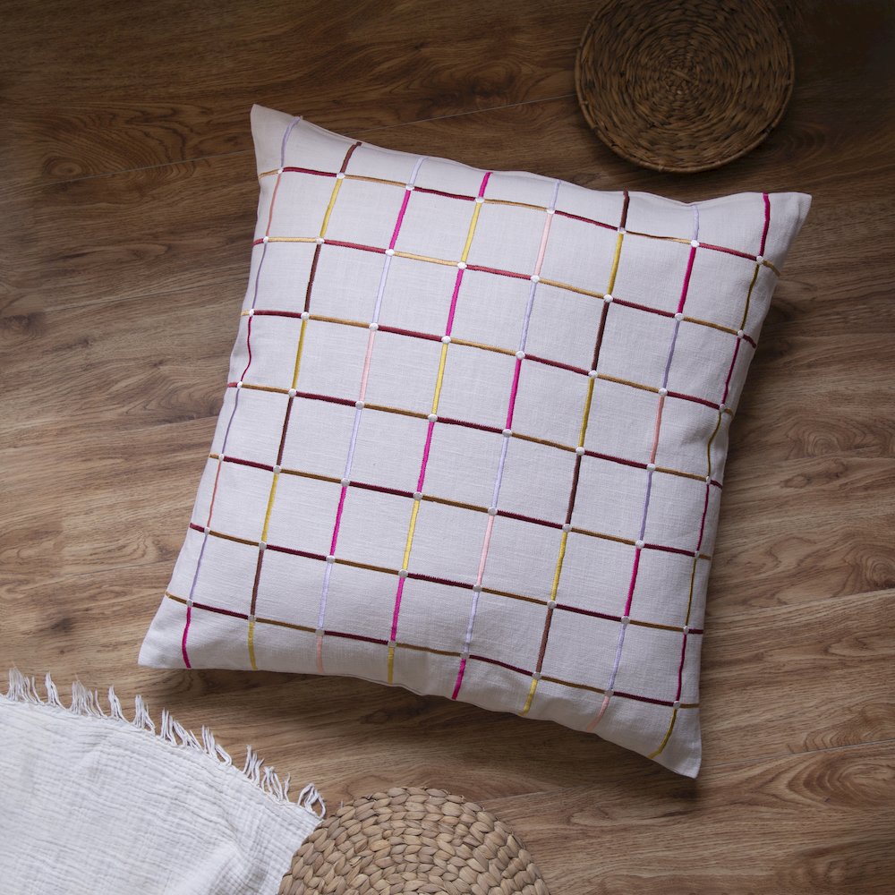 White/Multi Contemporary Checkered Hand-Woven Throw Pillow Cover. Picture 2