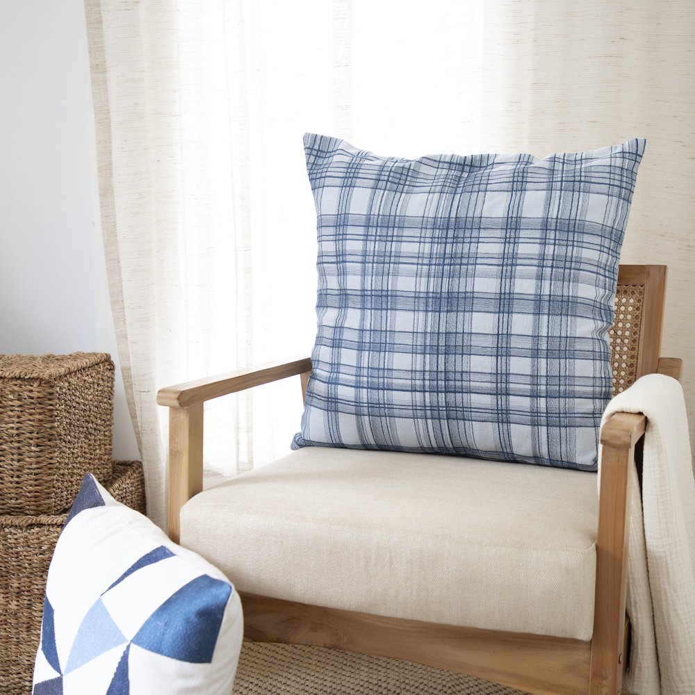 Blue Contemporary Checkered Hand-Woven Throw Pillow Cover. Picture 2