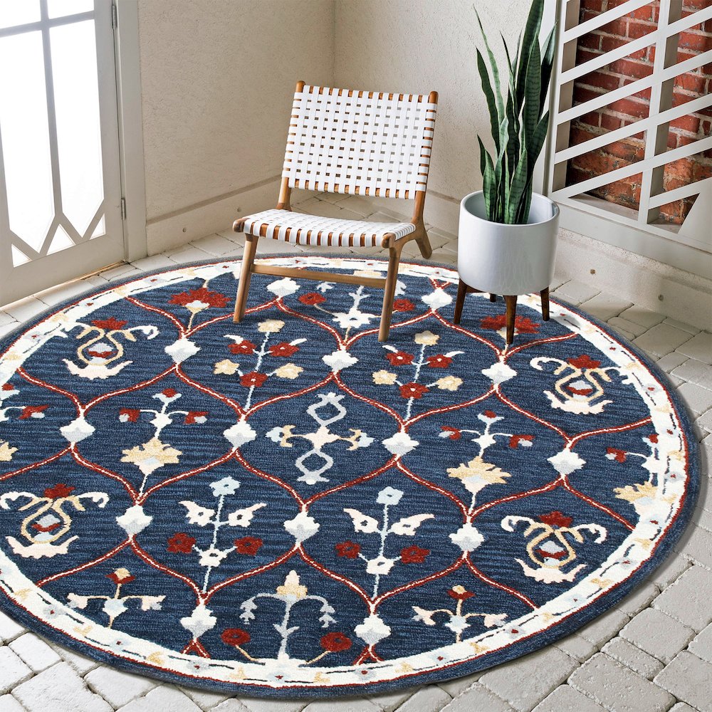 RugsA Navy/Red Trellis Wool Round Rug. Picture 2