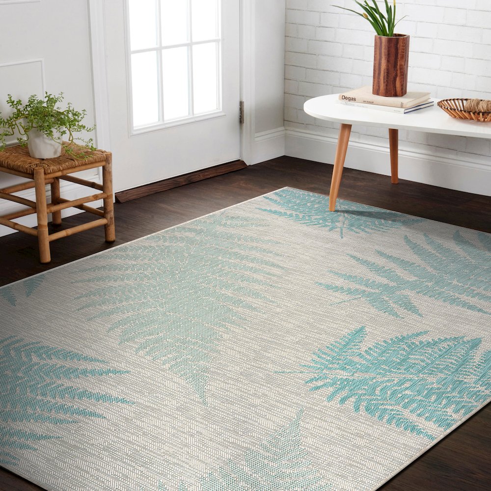Teal Fallen Fern Indoor/Outdoor Rug. Picture 6